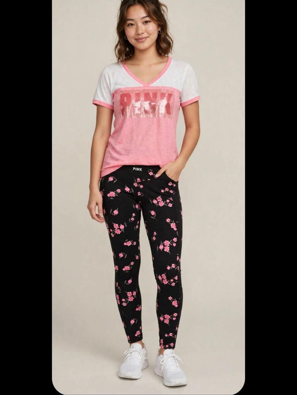 PINK Victoria's Secret Black Leggings with Pink Floral & Pink Logo Tee - Picture 1 of 7